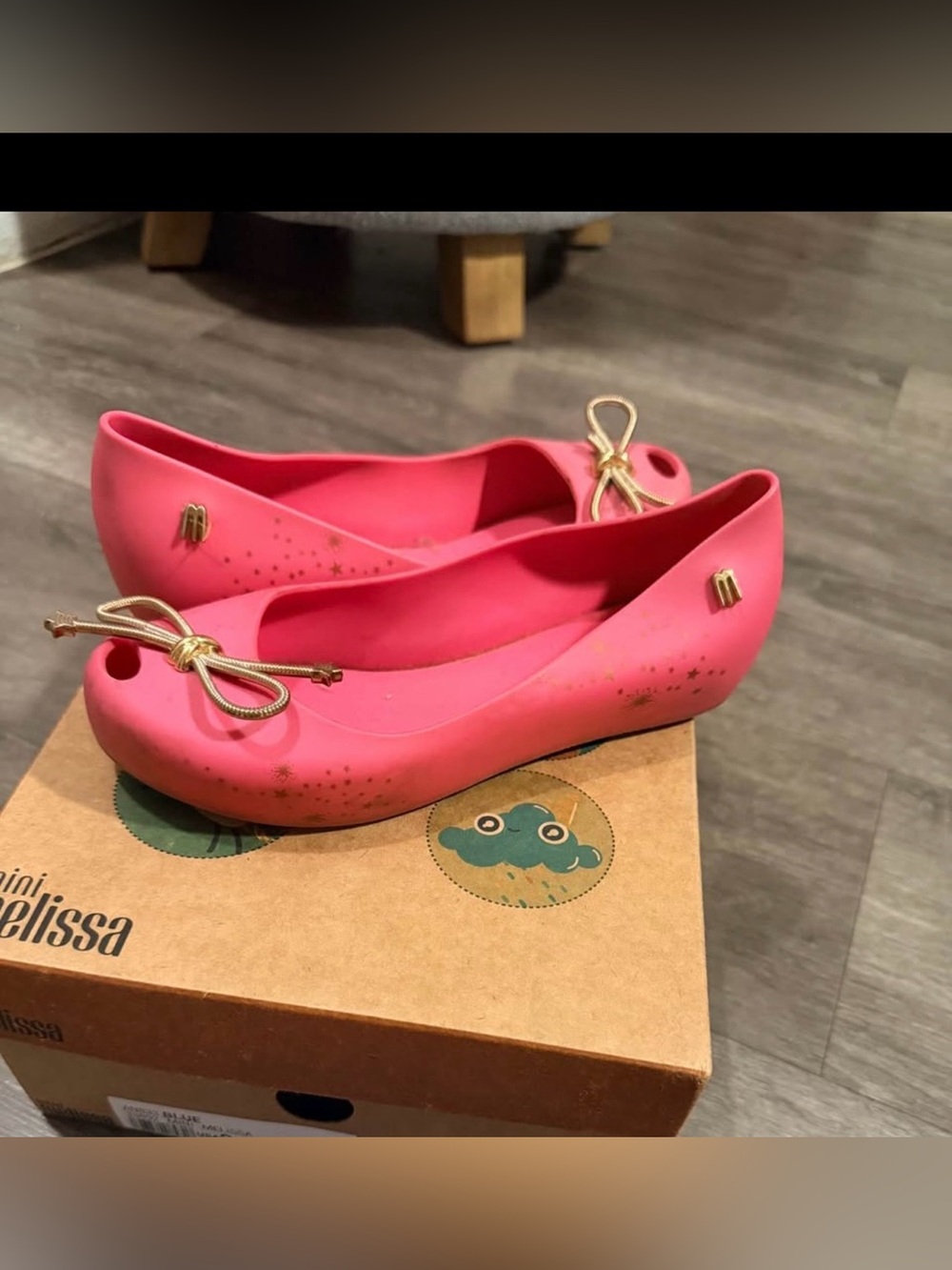 Mini Melissa Hot Pink Jelly Ballet Flats with Gold Bow Accent